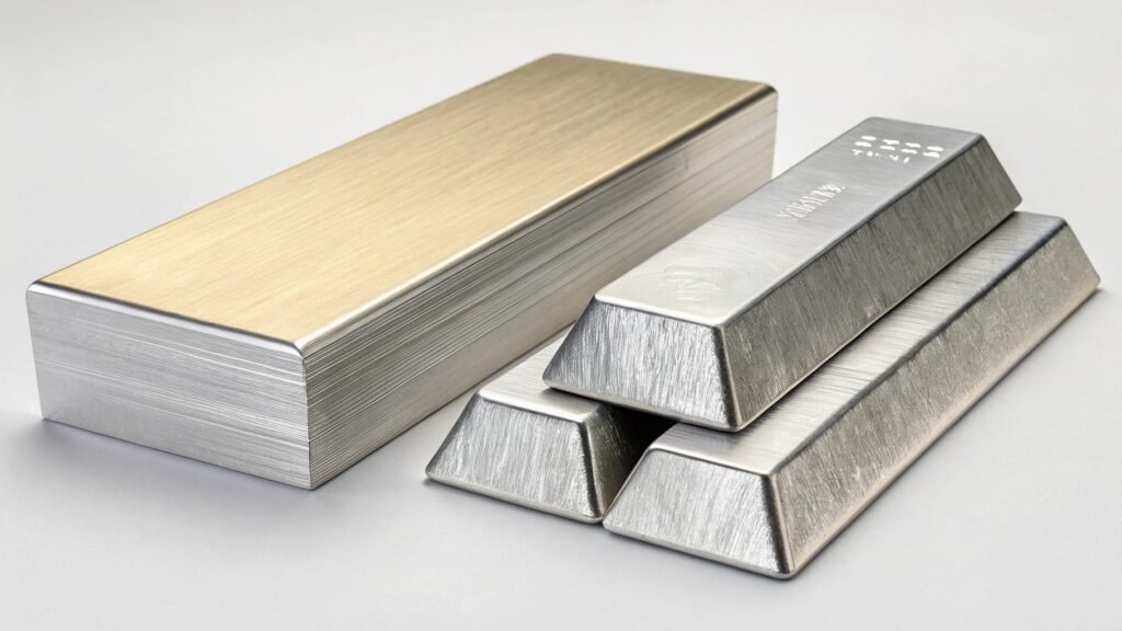 alt with keywords: an engineer choosing between a bar of pure aluminum and various aluminum alloy profiles for a project